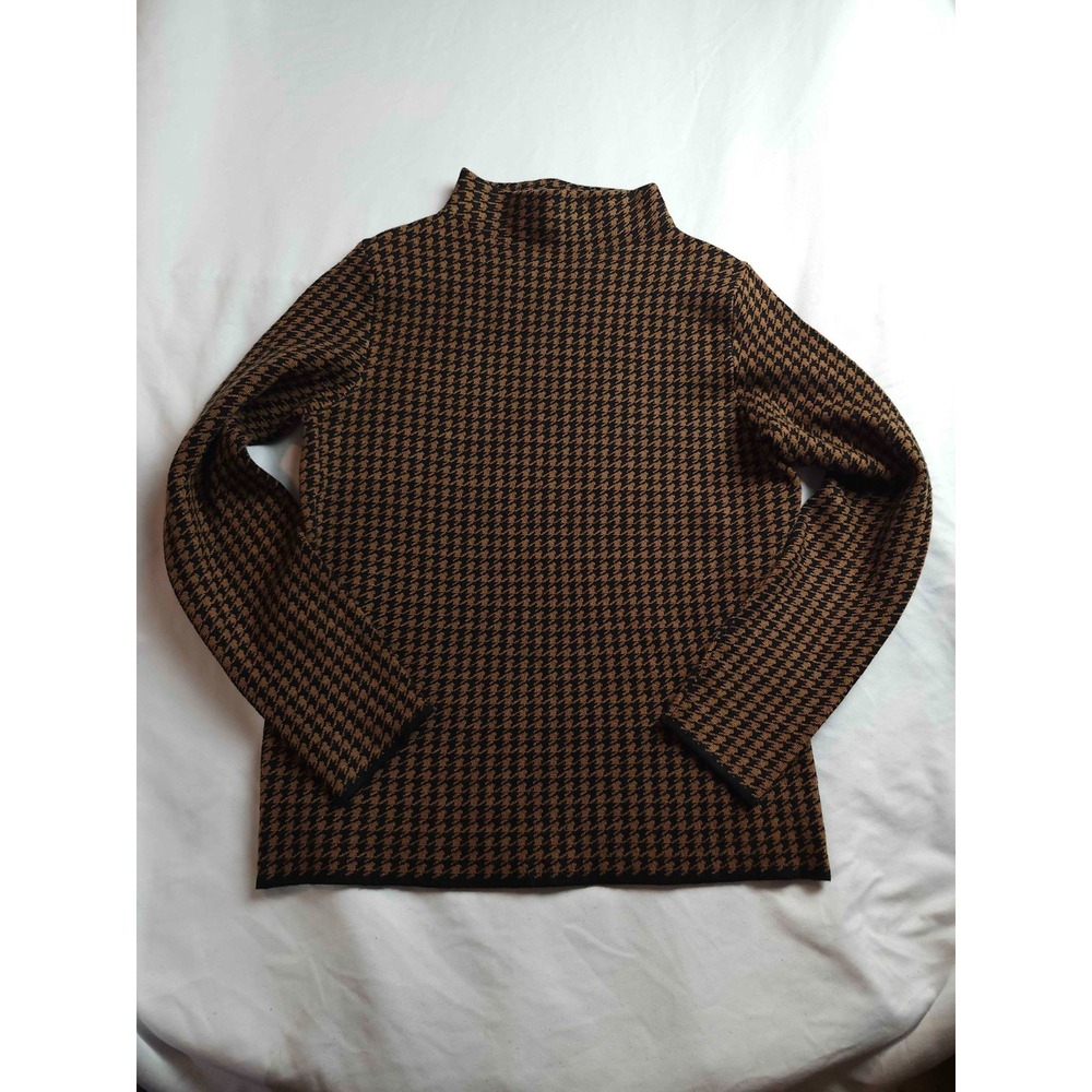Tahari Sweater Womens Small Brown Black Houndstooth Knit Mock Neck Pullover